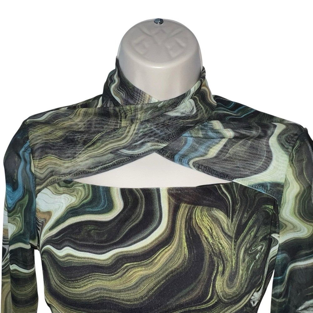 Daska Nasira Maxi‎ Dress Green Abstract Line Long Sleeve Bodycon XS Keyhole Neck - Picture 4 of 13